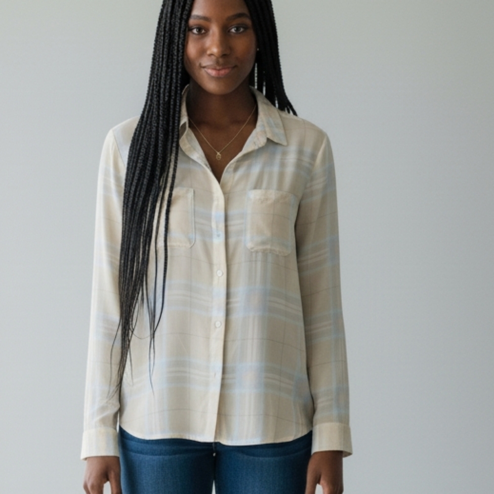 LOFT Cream Plaid Button Down Shirt